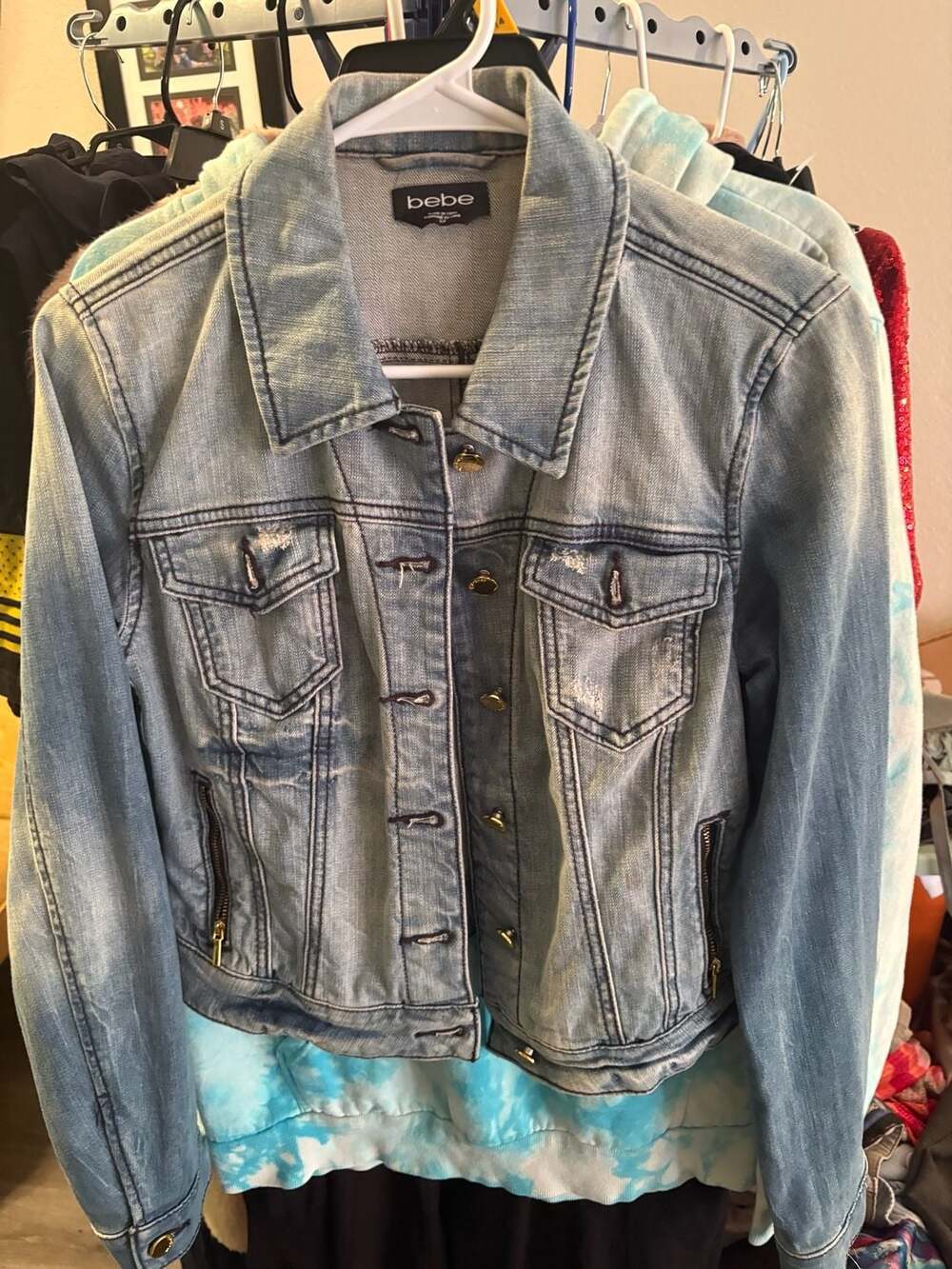 bebe Denim Jacket Size S/P Light Wash Distressed Gold Hardware
